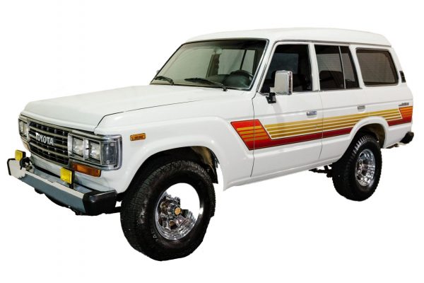 White Toyota Land Cruiser with awesome retro stripes